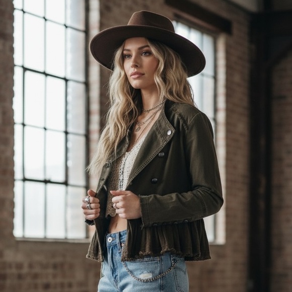 New Free People Flared Ruffle Hem Military Button Jacket Olive Army Green - Picture 2 of 12